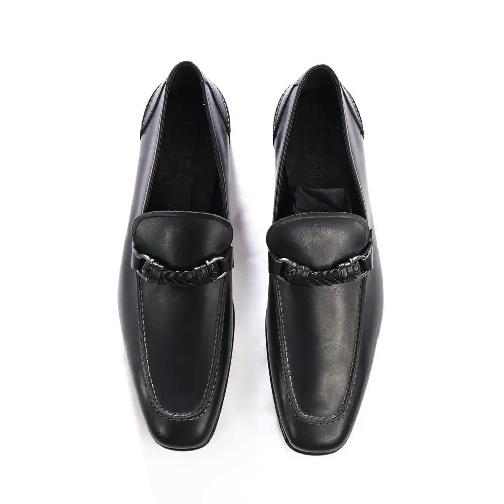 $850 FERRAGAMO - NELLY Black Leather Braided Loafers - 12 D